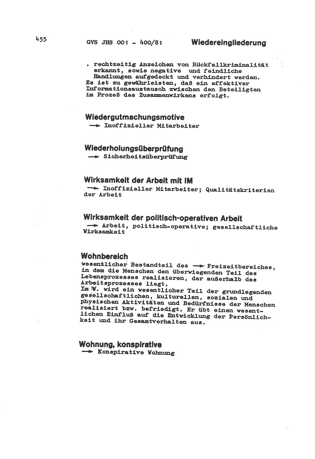 Wörterbuch der politisch-operativen Arbeit, Ministerium für Staatssicherheit (MfS) [Deutsche Demokratische Republik (DDR)], Juristische Hochschule (JHS), Geheime Verschlußsache (GVS) o001-400/81, Potsdam 1985, Blatt 455 (Wb. pol.-op. Arb. MfS DDR JHS GVS o001-400/81 1985, Bl. 455)