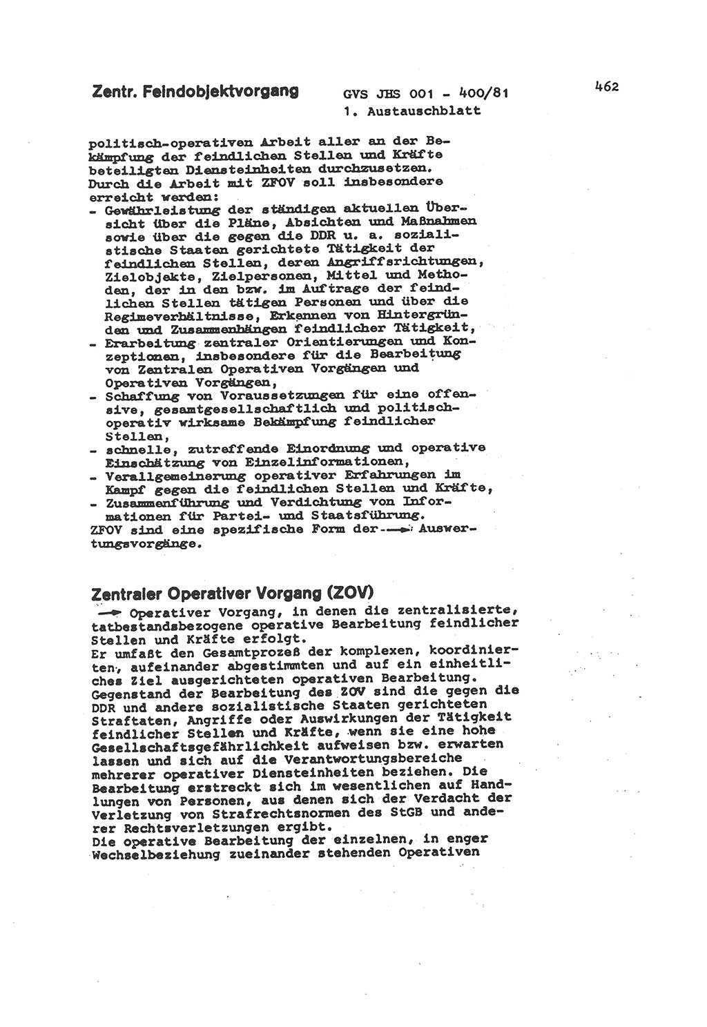 Wörterbuch der politisch-operativen Arbeit, Ministerium für Staatssicherheit (MfS) [Deutsche Demokratische Republik (DDR)], Juristische Hochschule (JHS), Geheime Verschlußsache (GVS) o001-400/81, Potsdam 1985, Blatt 462 (Wb. pol.-op. Arb. MfS DDR JHS GVS o001-400/81 1985, Bl. 462)