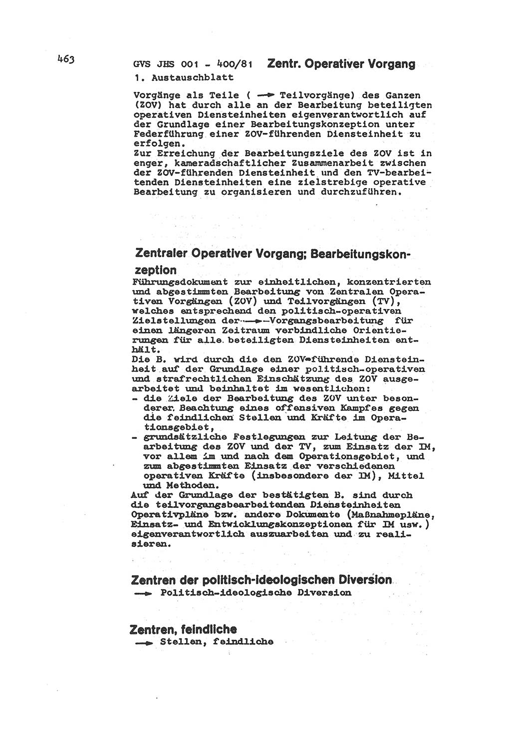 Wörterbuch der politisch-operativen Arbeit, Ministerium für Staatssicherheit (MfS) [Deutsche Demokratische Republik (DDR)], Juristische Hochschule (JHS), Geheime Verschlußsache (GVS) o001-400/81, Potsdam 1985, Blatt 463 (Wb. pol.-op. Arb. MfS DDR JHS GVS o001-400/81 1985, Bl. 463)