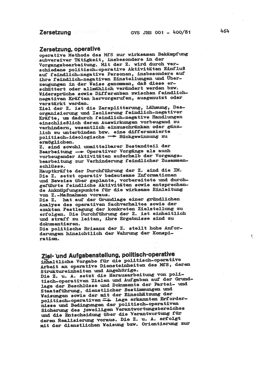 Wörterbuch der politisch-operativen Arbeit, Ministerium für Staatssicherheit (MfS) [Deutsche Demokratische Republik (DDR)], Juristische Hochschule (JHS), Geheime Verschlußsache (GVS) o001-400/81, Potsdam 1985, Blatt 464 (Wb. pol.-op. Arb. MfS DDR JHS GVS o001-400/81 1985, Bl. 464)