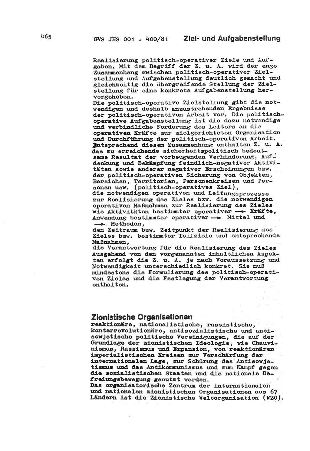 Wörterbuch der politisch-operativen Arbeit, Ministerium für Staatssicherheit (MfS) [Deutsche Demokratische Republik (DDR)], Juristische Hochschule (JHS), Geheime Verschlußsache (GVS) o001-400/81, Potsdam 1985, Blatt 465 (Wb. pol.-op. Arb. MfS DDR JHS GVS o001-400/81 1985, Bl. 465)