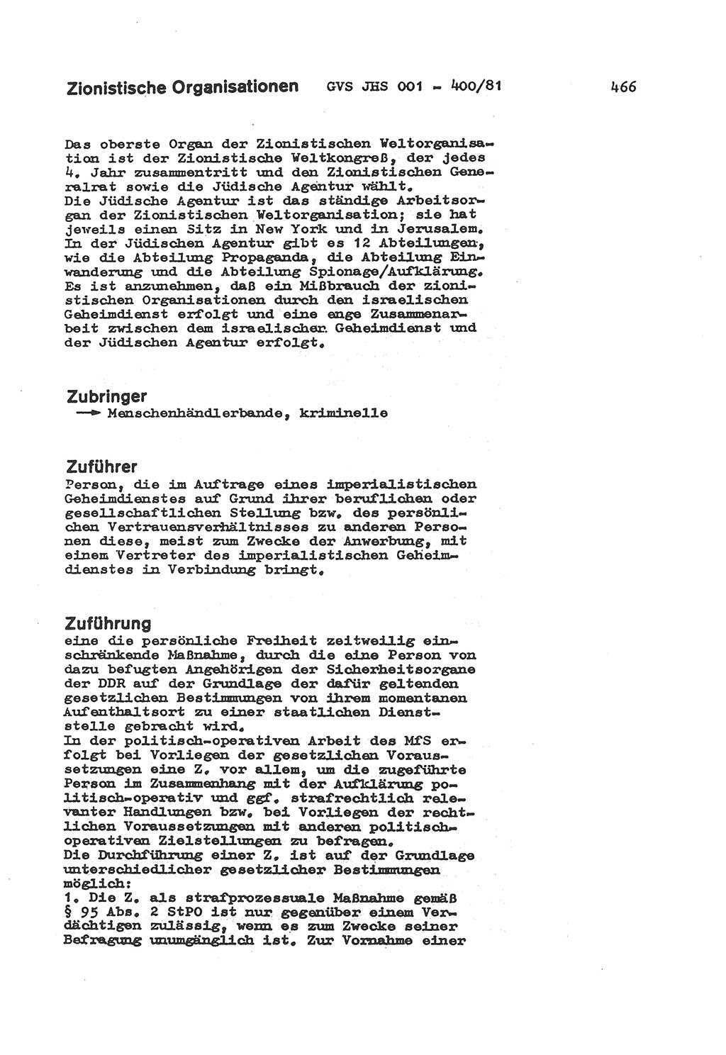 Wörterbuch der politisch-operativen Arbeit, Ministerium für Staatssicherheit (MfS) [Deutsche Demokratische Republik (DDR)], Juristische Hochschule (JHS), Geheime Verschlußsache (GVS) o001-400/81, Potsdam 1985, Blatt 466 (Wb. pol.-op. Arb. MfS DDR JHS GVS o001-400/81 1985, Bl. 466)