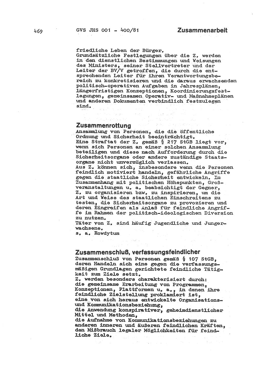 Wörterbuch der politisch-operativen Arbeit, Ministerium für Staatssicherheit (MfS) [Deutsche Demokratische Republik (DDR)], Juristische Hochschule (JHS), Geheime Verschlußsache (GVS) o001-400/81, Potsdam 1985, Blatt 469 (Wb. pol.-op. Arb. MfS DDR JHS GVS o001-400/81 1985, Bl. 469)