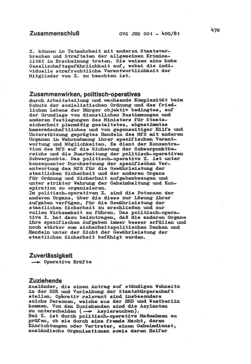 Wörterbuch der politisch-operativen Arbeit, Ministerium für Staatssicherheit (MfS) [Deutsche Demokratische Republik (DDR)], Juristische Hochschule (JHS), Geheime Verschlußsache (GVS) o001-400/81, Potsdam 1985, Blatt 470 (Wb. pol.-op. Arb. MfS DDR JHS GVS o001-400/81 1985, Bl. 470)