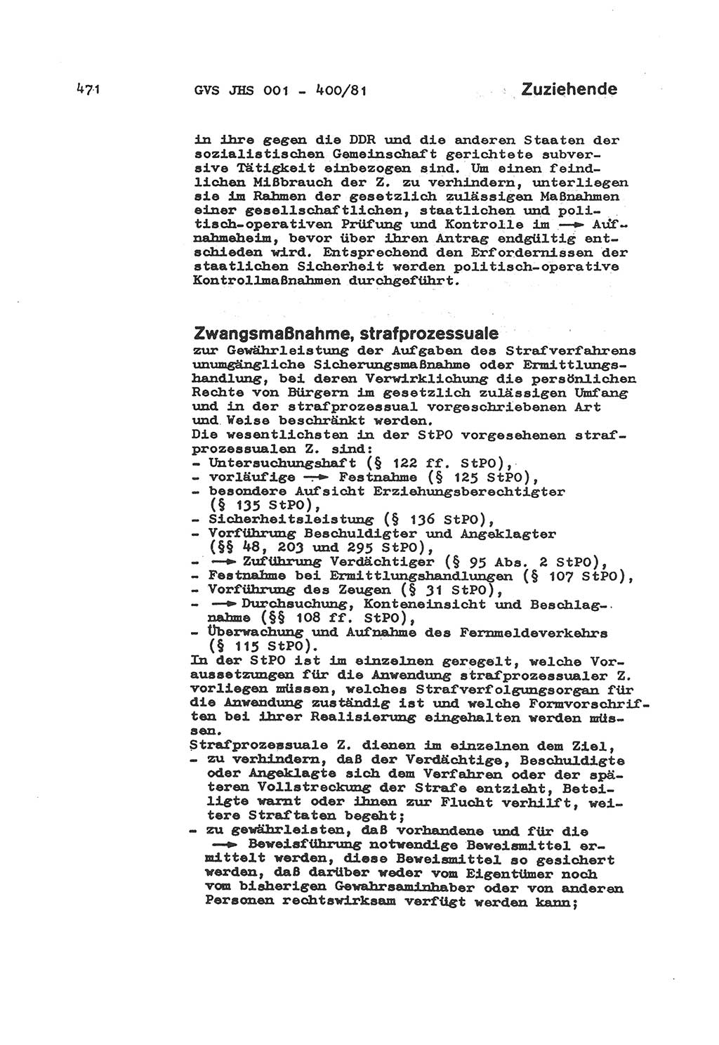 Wörterbuch der politisch-operativen Arbeit, Ministerium für Staatssicherheit (MfS) [Deutsche Demokratische Republik (DDR)], Juristische Hochschule (JHS), Geheime Verschlußsache (GVS) o001-400/81, Potsdam 1985, Blatt 471 (Wb. pol.-op. Arb. MfS DDR JHS GVS o001-400/81 1985, Bl. 471)