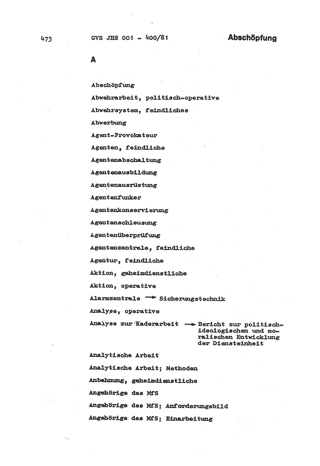 Wörterbuch der politisch-operativen Arbeit, Ministerium für Staatssicherheit (MfS) [Deutsche Demokratische Republik (DDR)], Juristische Hochschule (JHS), Geheime Verschlußsache (GVS) o001-400/81, Potsdam 1985, Blatt 473 (Wb. pol.-op. Arb. MfS DDR JHS GVS o001-400/81 1985, Bl. 473)