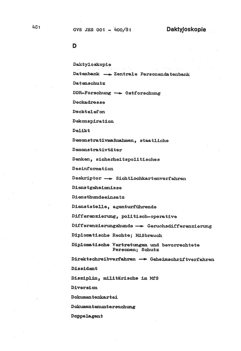 Wörterbuch der politisch-operativen Arbeit, Ministerium für Staatssicherheit (MfS) [Deutsche Demokratische Republik (DDR)], Juristische Hochschule (JHS), Geheime Verschlußsache (GVS) o001-400/81, Potsdam 1985, Blatt 481 (Wb. pol.-op. Arb. MfS DDR JHS GVS o001-400/81 1985, Bl. 481)