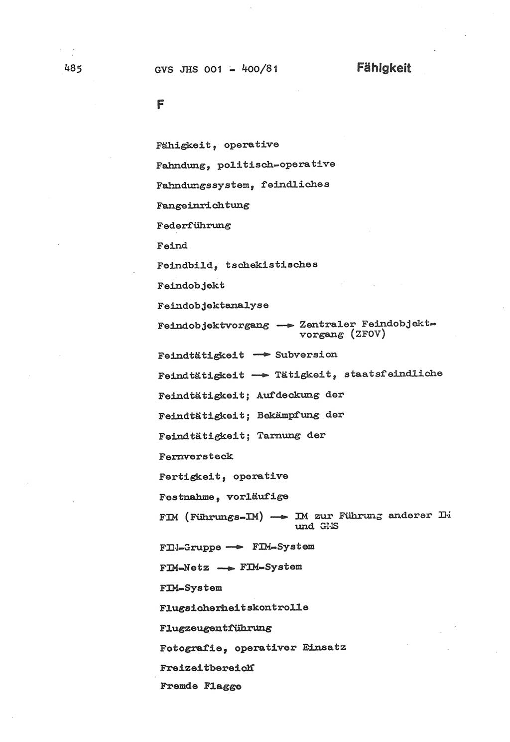 Wörterbuch der politisch-operativen Arbeit, Ministerium für Staatssicherheit (MfS) [Deutsche Demokratische Republik (DDR)], Juristische Hochschule (JHS), Geheime Verschlußsache (GVS) o001-400/81, Potsdam 1985, Blatt 485 (Wb. pol.-op. Arb. MfS DDR JHS GVS o001-400/81 1985, Bl. 485)