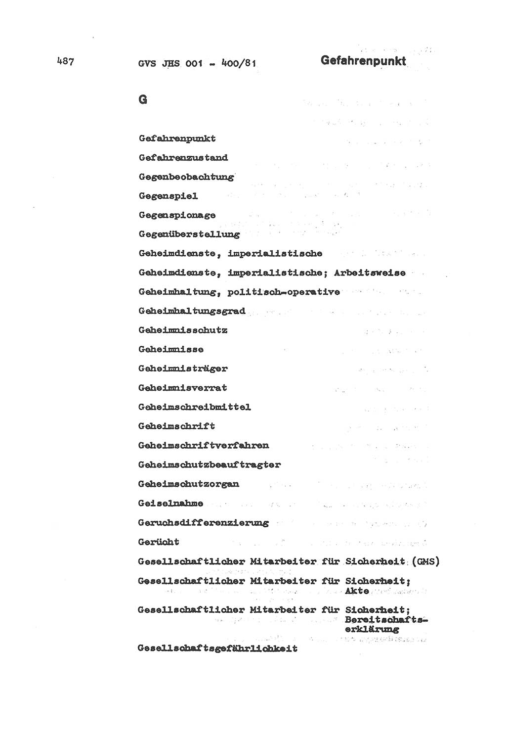 Wörterbuch der politisch-operativen Arbeit, Ministerium für Staatssicherheit (MfS) [Deutsche Demokratische Republik (DDR)], Juristische Hochschule (JHS), Geheime Verschlußsache (GVS) o001-400/81, Potsdam 1985, Blatt 487 (Wb. pol.-op. Arb. MfS DDR JHS GVS o001-400/81 1985, Bl. 487)