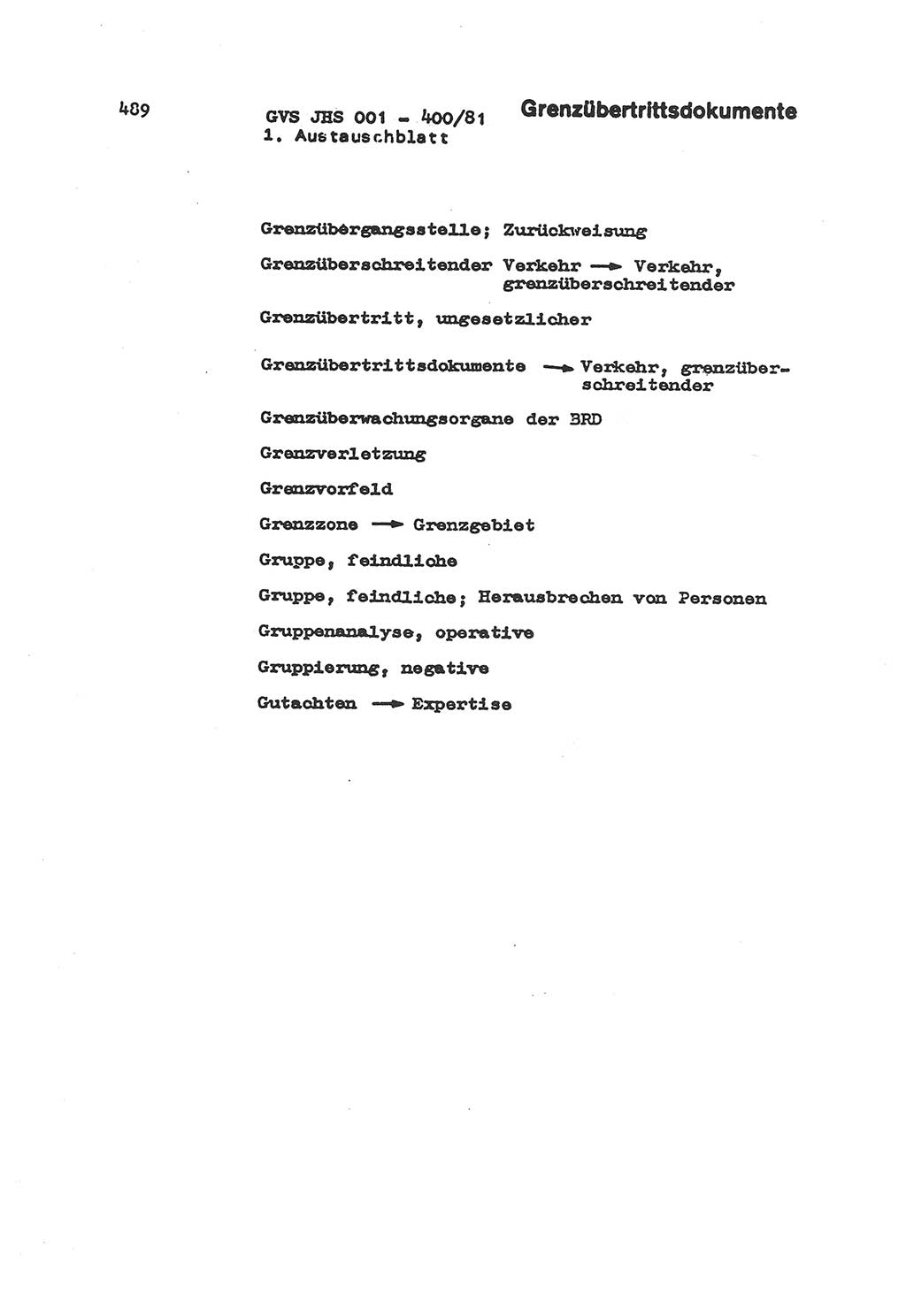 Wörterbuch der politisch-operativen Arbeit, Ministerium für Staatssicherheit (MfS) [Deutsche Demokratische Republik (DDR)], Juristische Hochschule (JHS), Geheime Verschlußsache (GVS) o001-400/81, Potsdam 1985, Blatt 489 (Wb. pol.-op. Arb. MfS DDR JHS GVS o001-400/81 1985, Bl. 489)