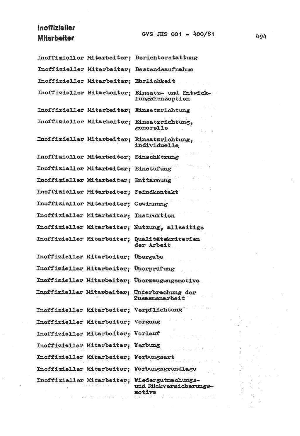 Wörterbuch der politisch-operativen Arbeit, Ministerium für Staatssicherheit (MfS) [Deutsche Demokratische Republik (DDR)], Juristische Hochschule (JHS), Geheime Verschlußsache (GVS) o001-400/81, Potsdam 1985, Blatt 494 (Wb. pol.-op. Arb. MfS DDR JHS GVS o001-400/81 1985, Bl. 494)