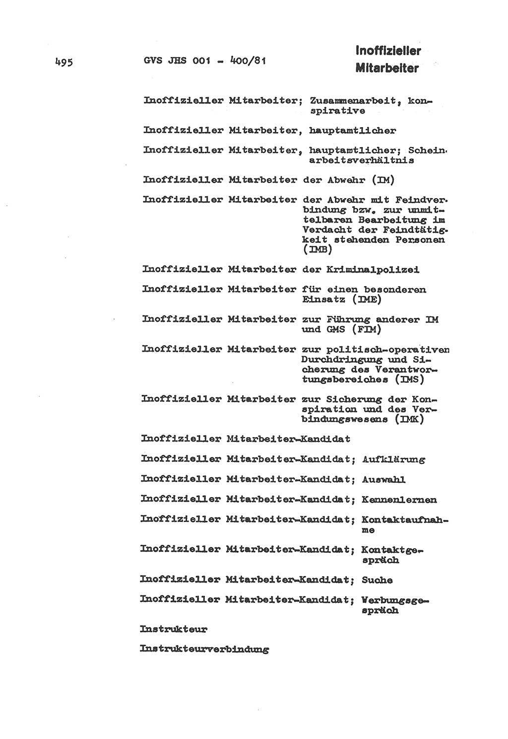 Wörterbuch der politisch-operativen Arbeit, Ministerium für Staatssicherheit (MfS) [Deutsche Demokratische Republik (DDR)], Juristische Hochschule (JHS), Geheime Verschlußsache (GVS) o001-400/81, Potsdam 1985, Blatt 495 (Wb. pol.-op. Arb. MfS DDR JHS GVS o001-400/81 1985, Bl. 495)
