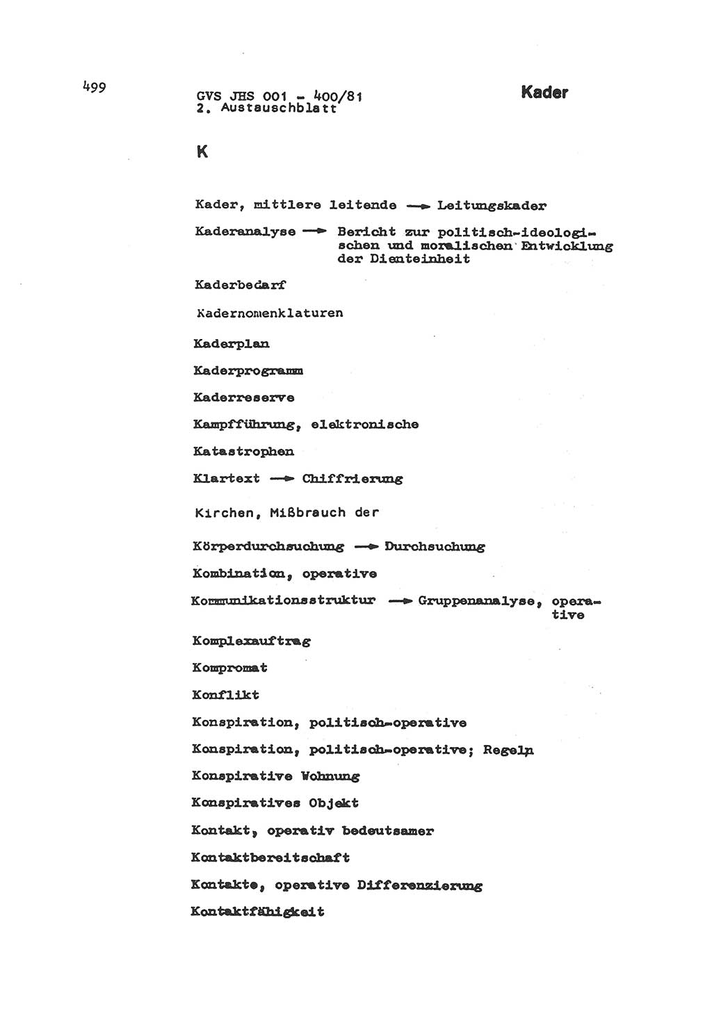 Wörterbuch der politisch-operativen Arbeit, Ministerium für Staatssicherheit (MfS) [Deutsche Demokratische Republik (DDR)], Juristische Hochschule (JHS), Geheime Verschlußsache (GVS) o001-400/81, Potsdam 1985, Blatt 499 (Wb. pol.-op. Arb. MfS DDR JHS GVS o001-400/81 1985, Bl. 499)