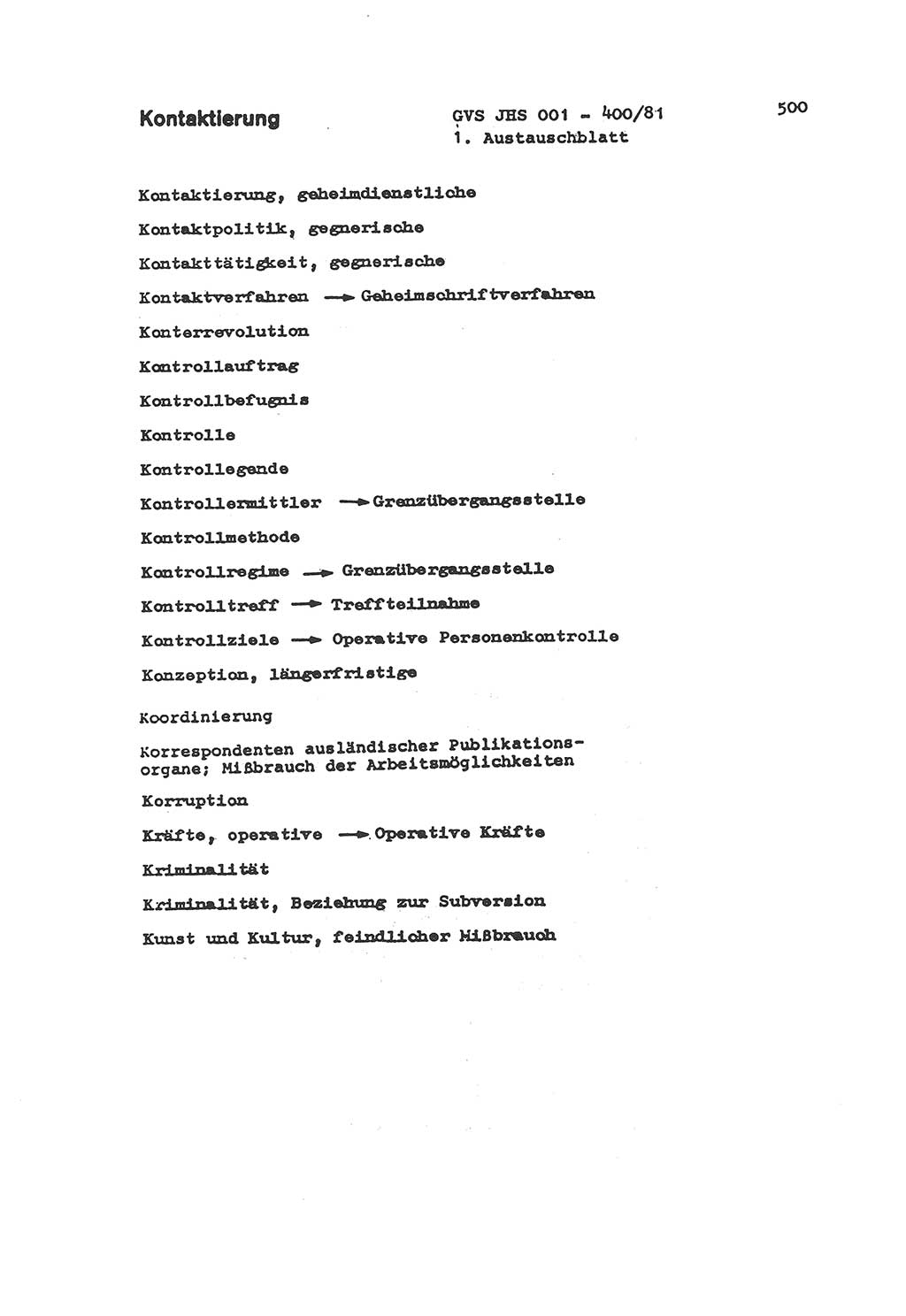Wörterbuch der politisch-operativen Arbeit, Ministerium für Staatssicherheit (MfS) [Deutsche Demokratische Republik (DDR)], Juristische Hochschule (JHS), Geheime Verschlußsache (GVS) o001-400/81, Potsdam 1985, Blatt 500 (Wb. pol.-op. Arb. MfS DDR JHS GVS o001-400/81 1985, Bl. 500)