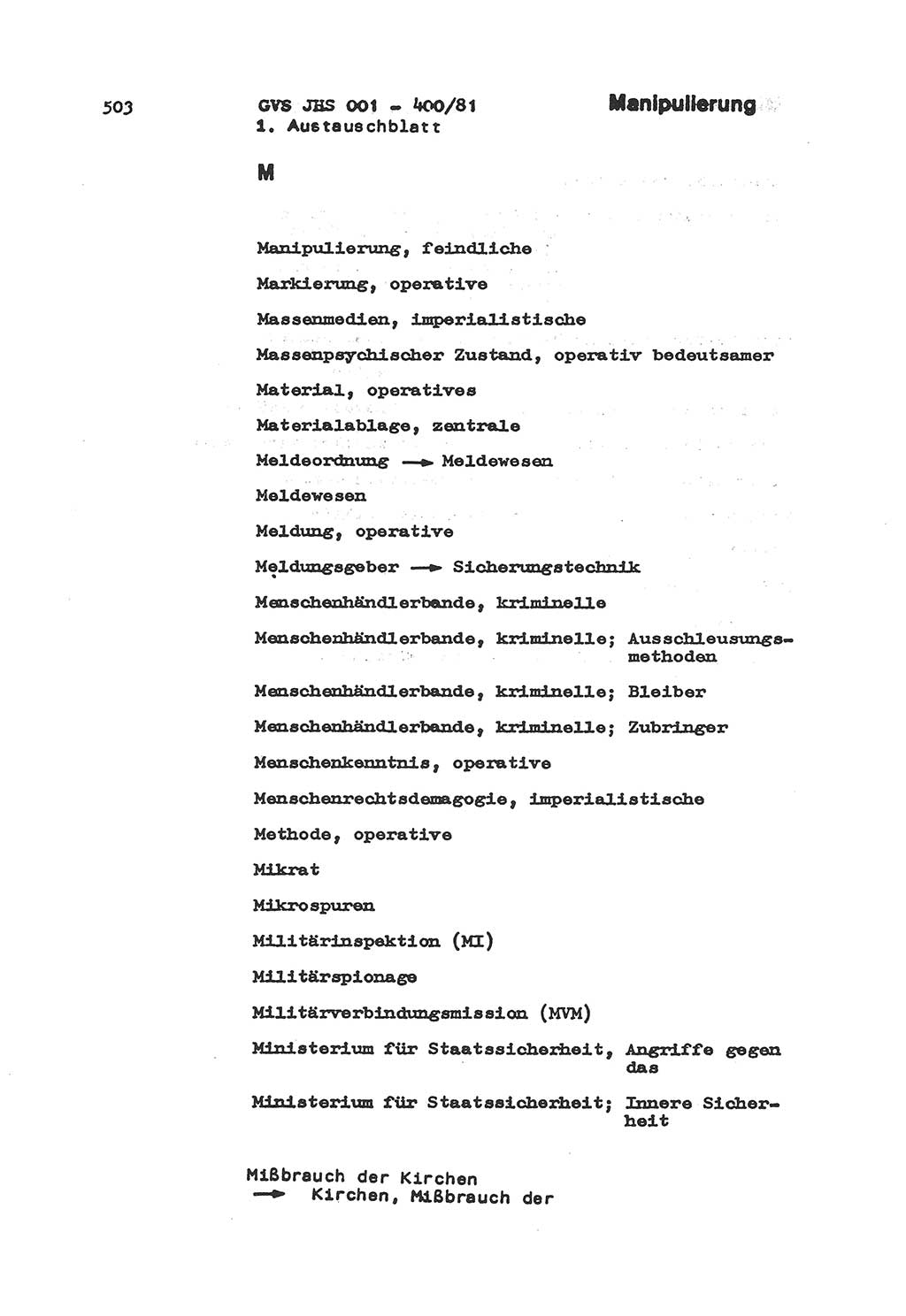 Wörterbuch der politisch-operativen Arbeit, Ministerium für Staatssicherheit (MfS) [Deutsche Demokratische Republik (DDR)], Juristische Hochschule (JHS), Geheime Verschlußsache (GVS) o001-400/81, Potsdam 1985, Blatt 503 (Wb. pol.-op. Arb. MfS DDR JHS GVS o001-400/81 1985, Bl. 503)