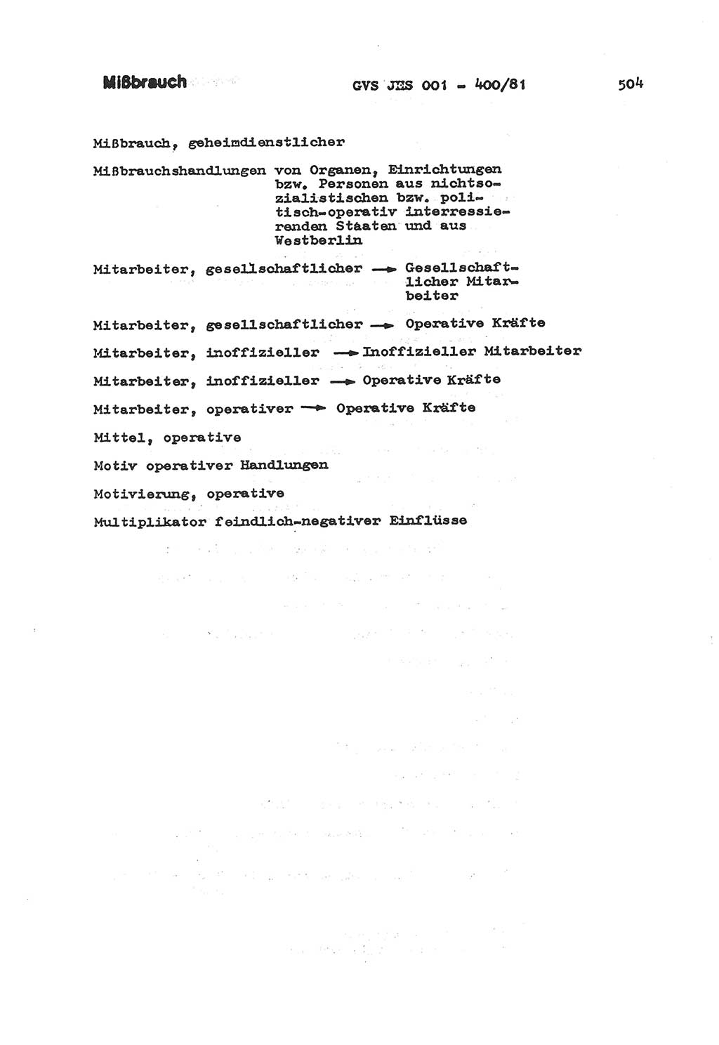 Wörterbuch der politisch-operativen Arbeit, Ministerium für Staatssicherheit (MfS) [Deutsche Demokratische Republik (DDR)], Juristische Hochschule (JHS), Geheime Verschlußsache (GVS) o001-400/81, Potsdam 1985, Blatt 504 (Wb. pol.-op. Arb. MfS DDR JHS GVS o001-400/81 1985, Bl. 504)