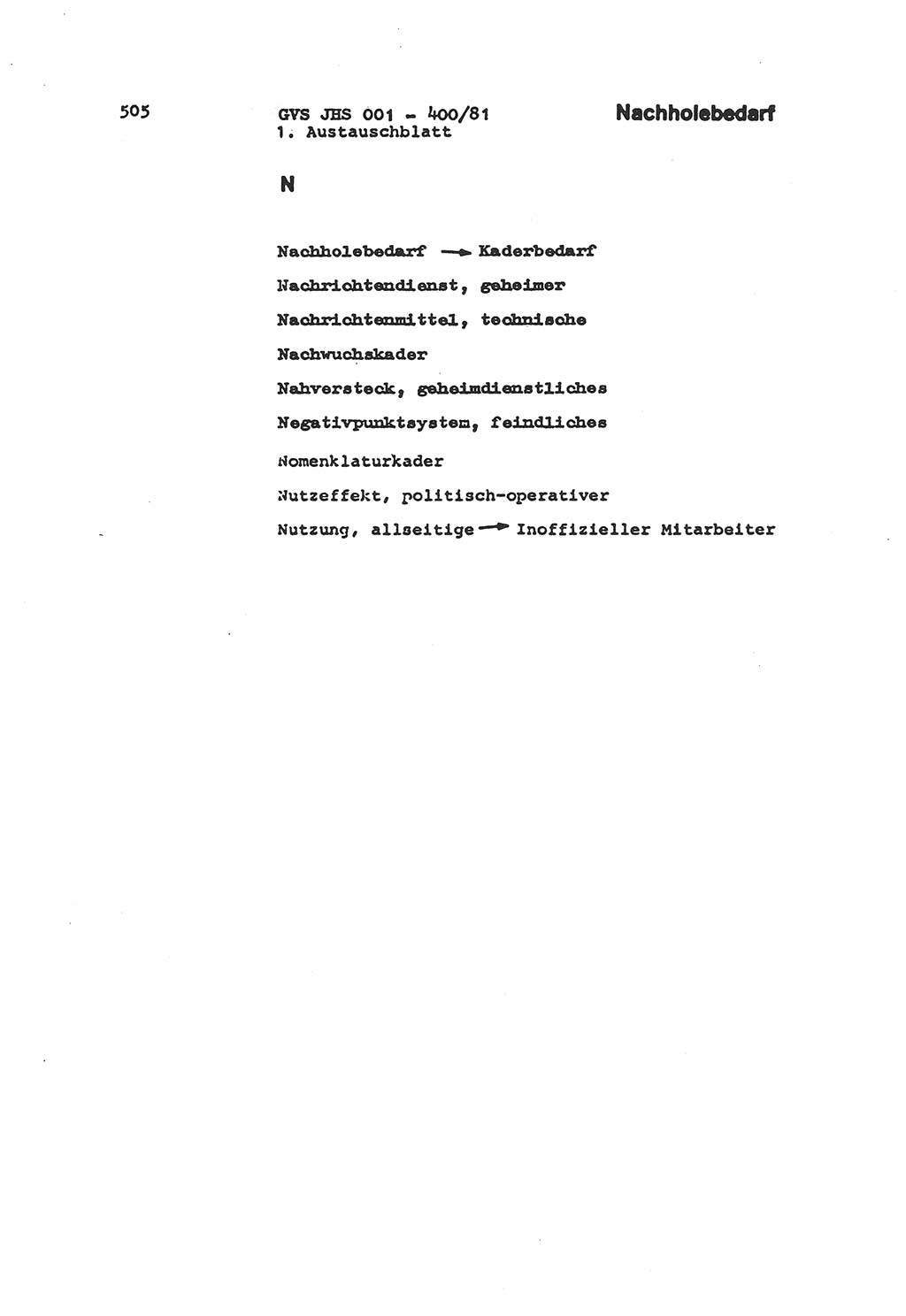 Wörterbuch der politisch-operativen Arbeit, Ministerium für Staatssicherheit (MfS) [Deutsche Demokratische Republik (DDR)], Juristische Hochschule (JHS), Geheime Verschlußsache (GVS) o001-400/81, Potsdam 1985, Blatt 505 (Wb. pol.-op. Arb. MfS DDR JHS GVS o001-400/81 1985, Bl. 505)