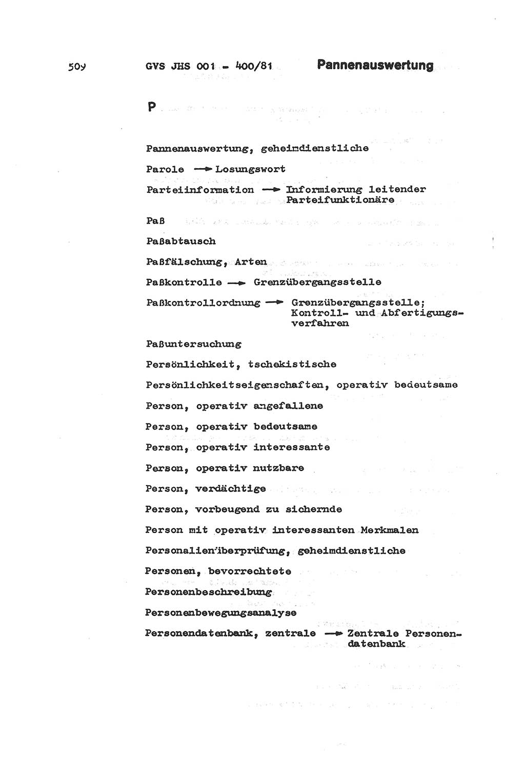 Wörterbuch der politisch-operativen Arbeit, Ministerium für Staatssicherheit (MfS) [Deutsche Demokratische Republik (DDR)], Juristische Hochschule (JHS), Geheime Verschlußsache (GVS) o001-400/81, Potsdam 1985, Blatt 509 (Wb. pol.-op. Arb. MfS DDR JHS GVS o001-400/81 1985, Bl. 509)