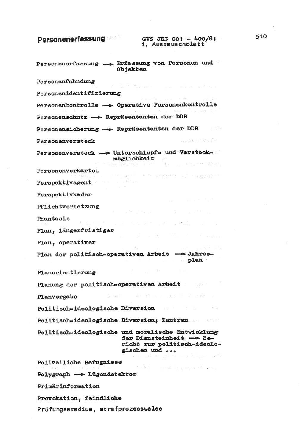 Wörterbuch der politisch-operativen Arbeit, Ministerium für Staatssicherheit (MfS) [Deutsche Demokratische Republik (DDR)], Juristische Hochschule (JHS), Geheime Verschlußsache (GVS) o001-400/81, Potsdam 1985, Blatt 510 (Wb. pol.-op. Arb. MfS DDR JHS GVS o001-400/81 1985, Bl. 510)