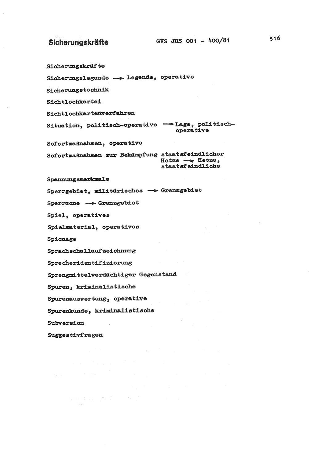 Wörterbuch der politisch-operativen Arbeit, Ministerium für Staatssicherheit (MfS) [Deutsche Demokratische Republik (DDR)], Juristische Hochschule (JHS), Geheime Verschlußsache (GVS) o001-400/81, Potsdam 1985, Blatt 516 (Wb. pol.-op. Arb. MfS DDR JHS GVS o001-400/81 1985, Bl. 516)