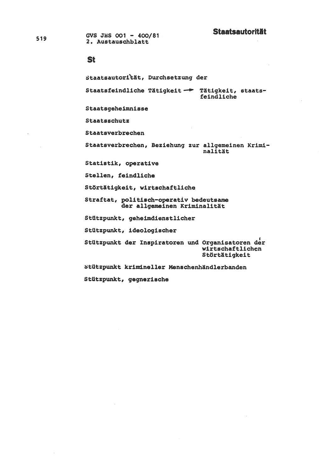 Wörterbuch der politisch-operativen Arbeit, Ministerium für Staatssicherheit (MfS) [Deutsche Demokratische Republik (DDR)], Juristische Hochschule (JHS), Geheime Verschlußsache (GVS) o001-400/81, Potsdam 1985, Blatt 519 (Wb. pol.-op. Arb. MfS DDR JHS GVS o001-400/81 1985, Bl. 519)