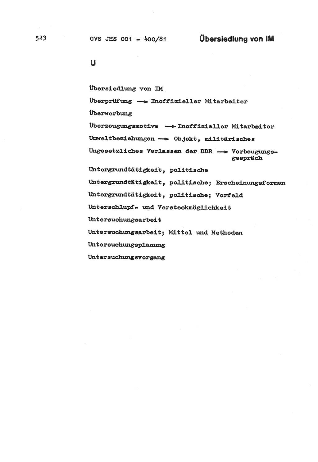 Wörterbuch der politisch-operativen Arbeit, Ministerium für Staatssicherheit (MfS) [Deutsche Demokratische Republik (DDR)], Juristische Hochschule (JHS), Geheime Verschlußsache (GVS) o001-400/81, Potsdam 1985, Blatt 523 (Wb. pol.-op. Arb. MfS DDR JHS GVS o001-400/81 1985, Bl. 523)