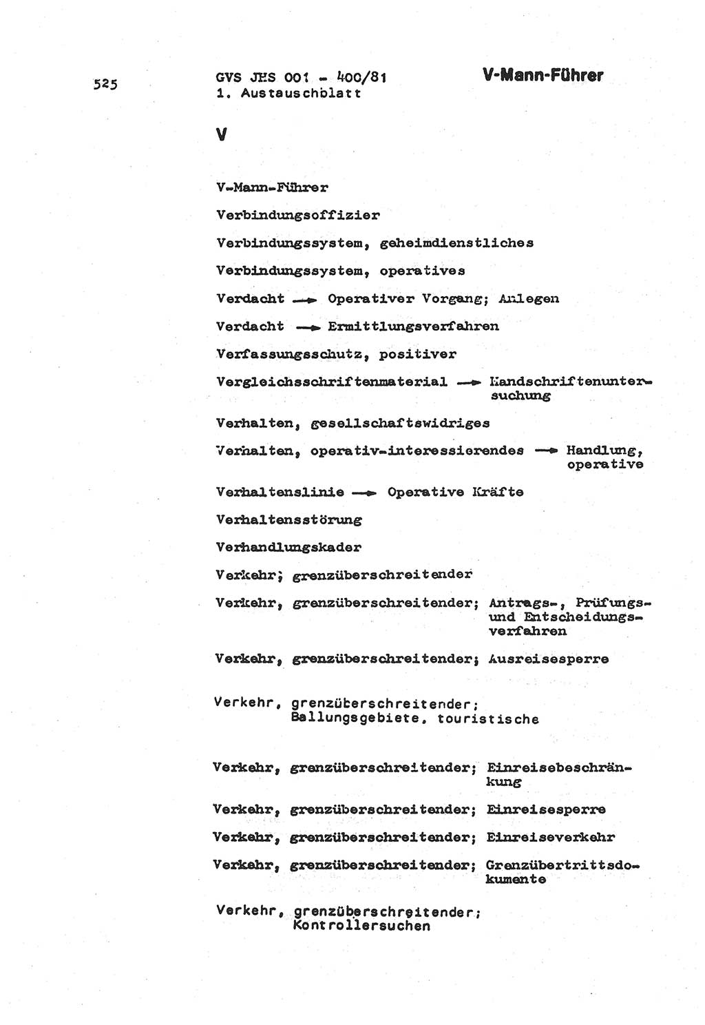 Wörterbuch der politisch-operativen Arbeit, Ministerium für Staatssicherheit (MfS) [Deutsche Demokratische Republik (DDR)], Juristische Hochschule (JHS), Geheime Verschlußsache (GVS) o001-400/81, Potsdam 1985, Blatt 525 (Wb. pol.-op. Arb. MfS DDR JHS GVS o001-400/81 1985, Bl. 525)