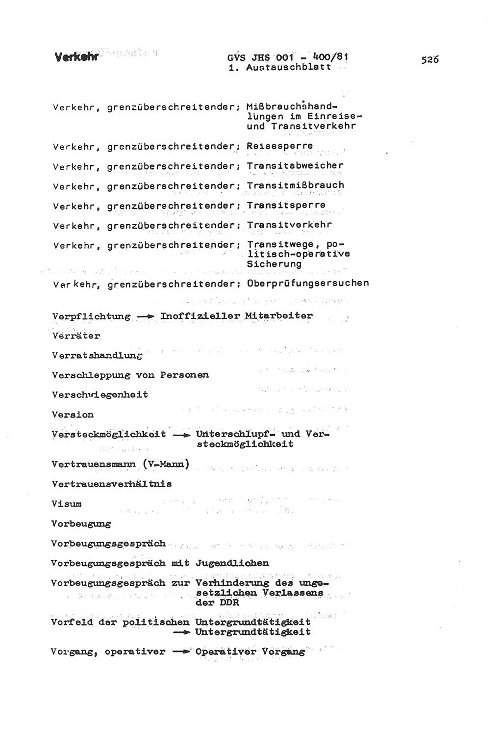 Wörterbuch der politisch-operativen Arbeit, Ministerium für Staatssicherheit (MfS) [Deutsche Demokratische Republik (DDR)], Juristische Hochschule (JHS), Geheime Verschlußsache (GVS) o001-400/81, Potsdam 1985, Blatt 526 (Wb. pol.-op. Arb. MfS DDR JHS GVS o001-400/81 1985, Bl. 526)