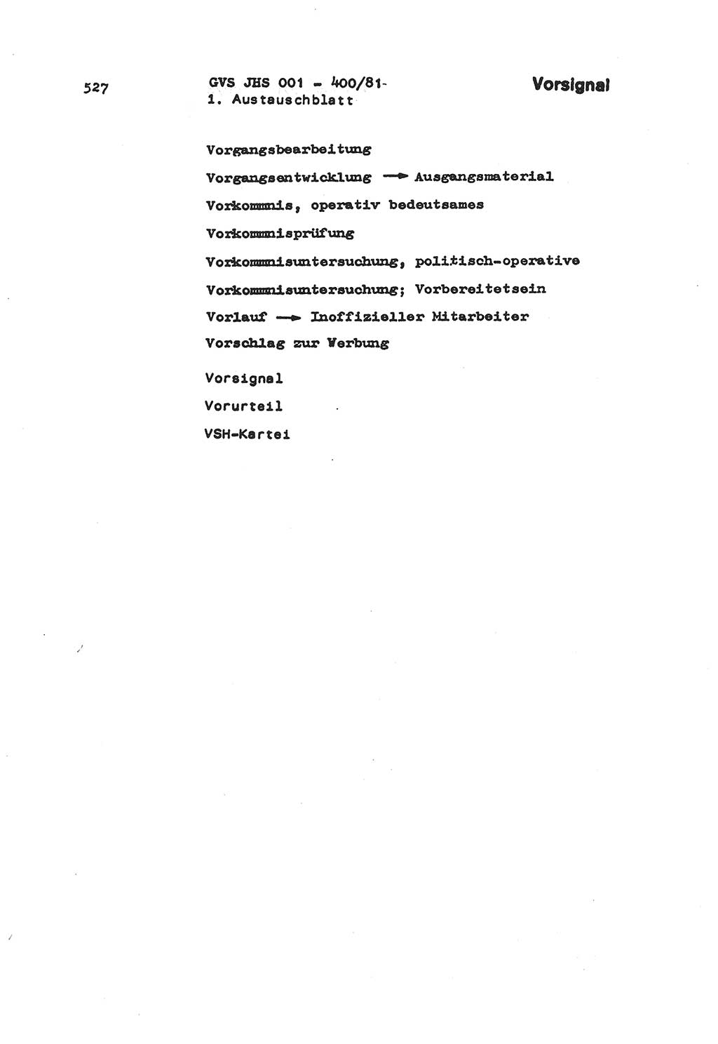 Wörterbuch der politisch-operativen Arbeit, Ministerium für Staatssicherheit (MfS) [Deutsche Demokratische Republik (DDR)], Juristische Hochschule (JHS), Geheime Verschlußsache (GVS) o001-400/81, Potsdam 1985, Blatt 527 (Wb. pol.-op. Arb. MfS DDR JHS GVS o001-400/81 1985, Bl. 527)