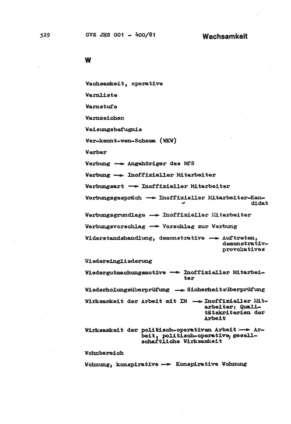 Wörterbuch der politisch-operativen Arbeit, Ministerium für Staatssicherheit (MfS) [Deutsche Demokratische Republik (DDR)], Juristische Hochschule (JHS), Geheime Verschlußsache (GVS) o001-400/81, Potsdam 1985, Blatt 529 (Wb. pol.-op. Arb. MfS DDR JHS GVS o001-400/81 1985, Bl. 529)