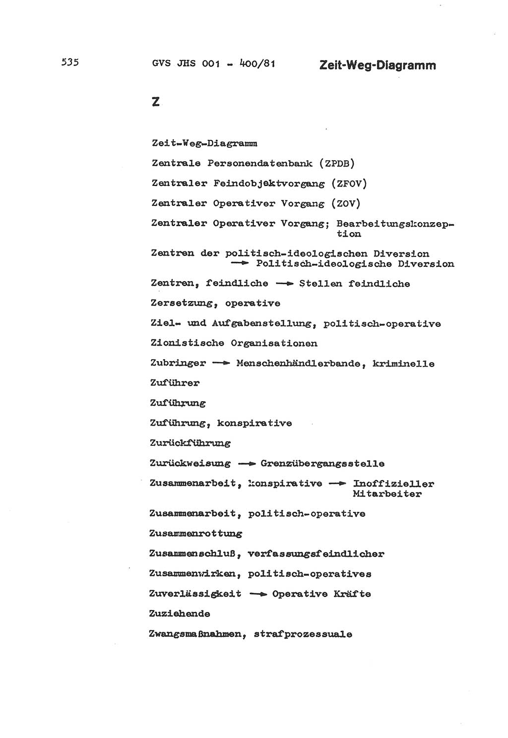 Wörterbuch der politisch-operativen Arbeit, Ministerium für Staatssicherheit (MfS) [Deutsche Demokratische Republik (DDR)], Juristische Hochschule (JHS), Geheime Verschlußsache (GVS) o001-400/81, Potsdam 1985, Blatt 535 (Wb. pol.-op. Arb. MfS DDR JHS GVS o001-400/81 1985, Bl. 535)
