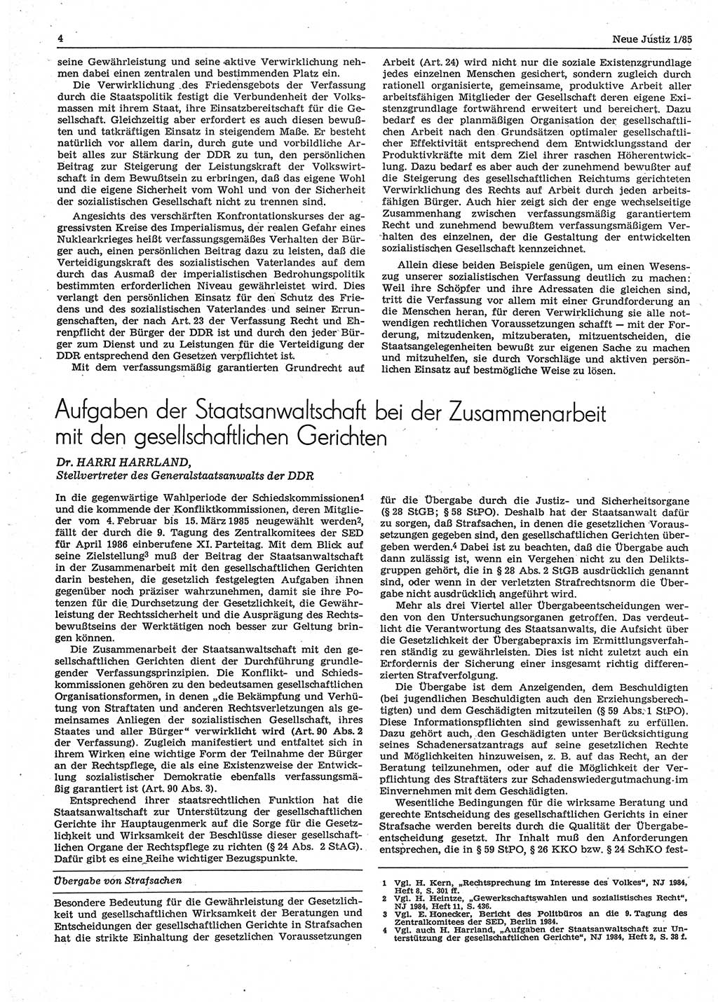 Neue Justiz (NJ), Zeitschrift für sozialistisches Recht und Gesetzlichkeit [Deutsche Demokratische Republik (DDR)], 39. Jahrgang 1985, Seite 4 (NJ DDR 1985, S. 4)