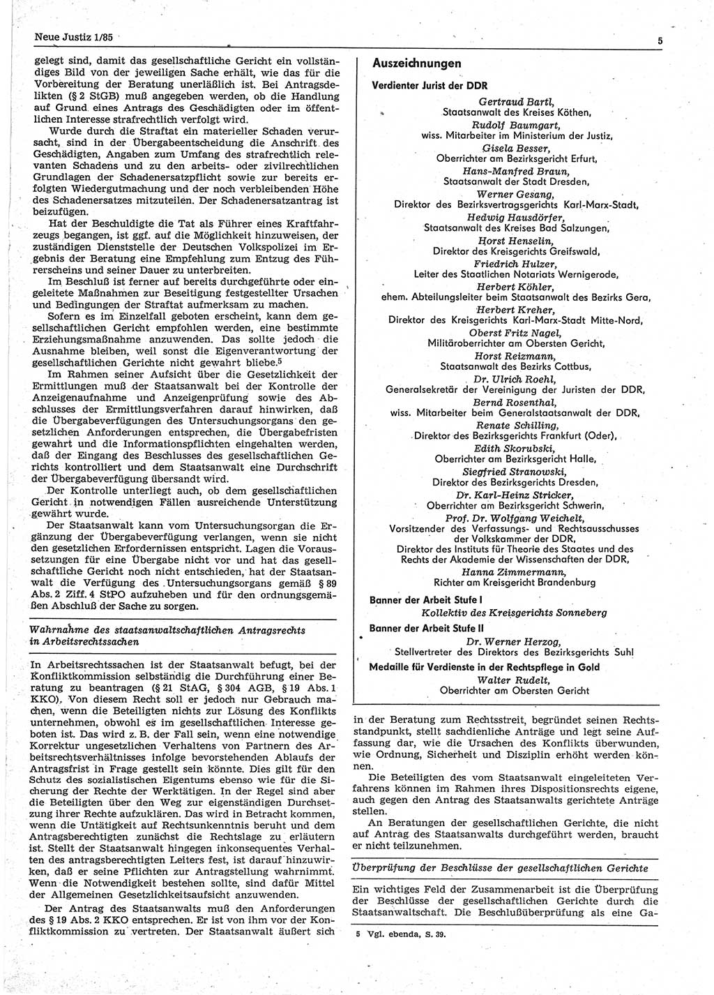 Neue Justiz (NJ), Zeitschrift für sozialistisches Recht und Gesetzlichkeit [Deutsche Demokratische Republik (DDR)], 39. Jahrgang 1985, Seite 5 (NJ DDR 1985, S. 5)