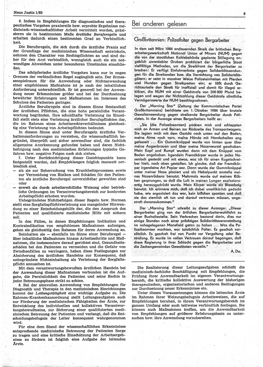 Neue Justiz (NJ), Zeitschrift für sozialistisches Recht und Gesetzlichkeit [Deutsche Demokratische Republik (DDR)], 39. Jahrgang 1985, Seite 9 (NJ DDR 1985, S. 9)