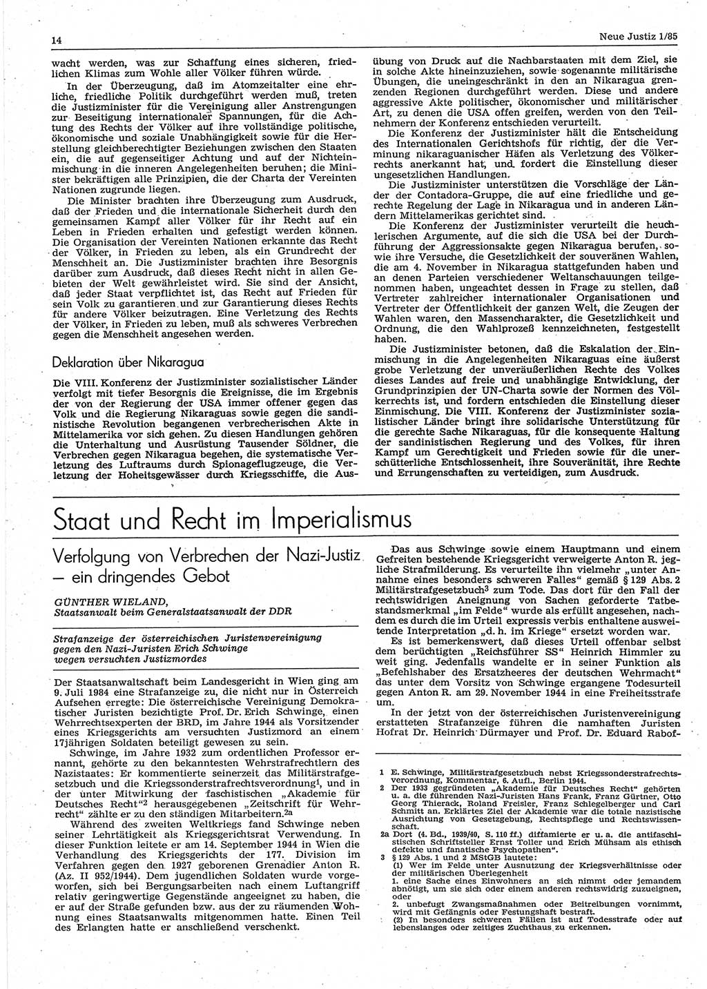 Neue Justiz (NJ), Zeitschrift für sozialistisches Recht und Gesetzlichkeit [Deutsche Demokratische Republik (DDR)], 39. Jahrgang 1985, Seite 14 (NJ DDR 1985, S. 14)