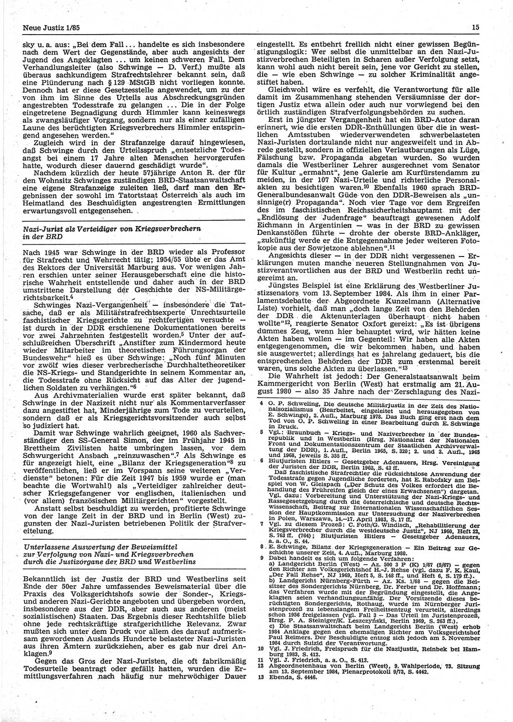 Neue Justiz (NJ), Zeitschrift für sozialistisches Recht und Gesetzlichkeit [Deutsche Demokratische Republik (DDR)], 39. Jahrgang 1985, Seite 15 (NJ DDR 1985, S. 15)