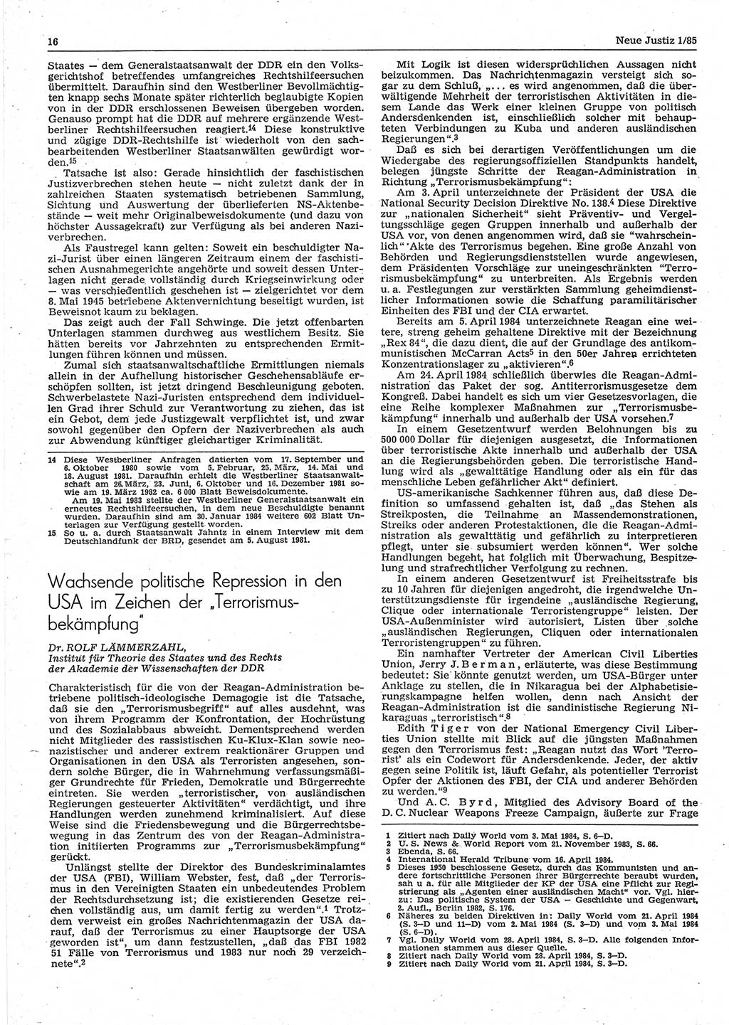 Neue Justiz (NJ), Zeitschrift für sozialistisches Recht und Gesetzlichkeit [Deutsche Demokratische Republik (DDR)], 39. Jahrgang 1985, Seite 16 (NJ DDR 1985, S. 16)