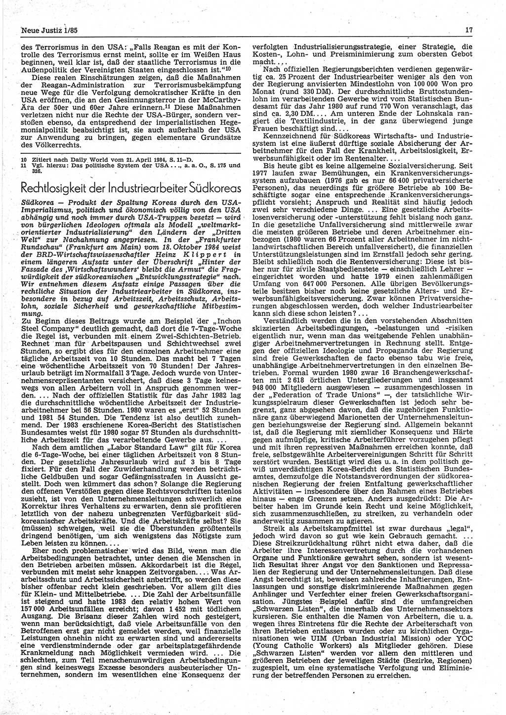 Neue Justiz (NJ), Zeitschrift für sozialistisches Recht und Gesetzlichkeit [Deutsche Demokratische Republik (DDR)], 39. Jahrgang 1985, Seite 17 (NJ DDR 1985, S. 17)