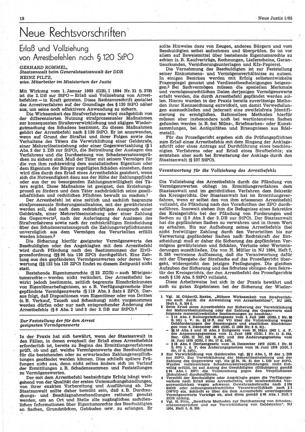 Neue Justiz (NJ), Zeitschrift für sozialistisches Recht und Gesetzlichkeit [Deutsche Demokratische Republik (DDR)], 39. Jahrgang 1985, Seite 18 (NJ DDR 1985, S. 18)