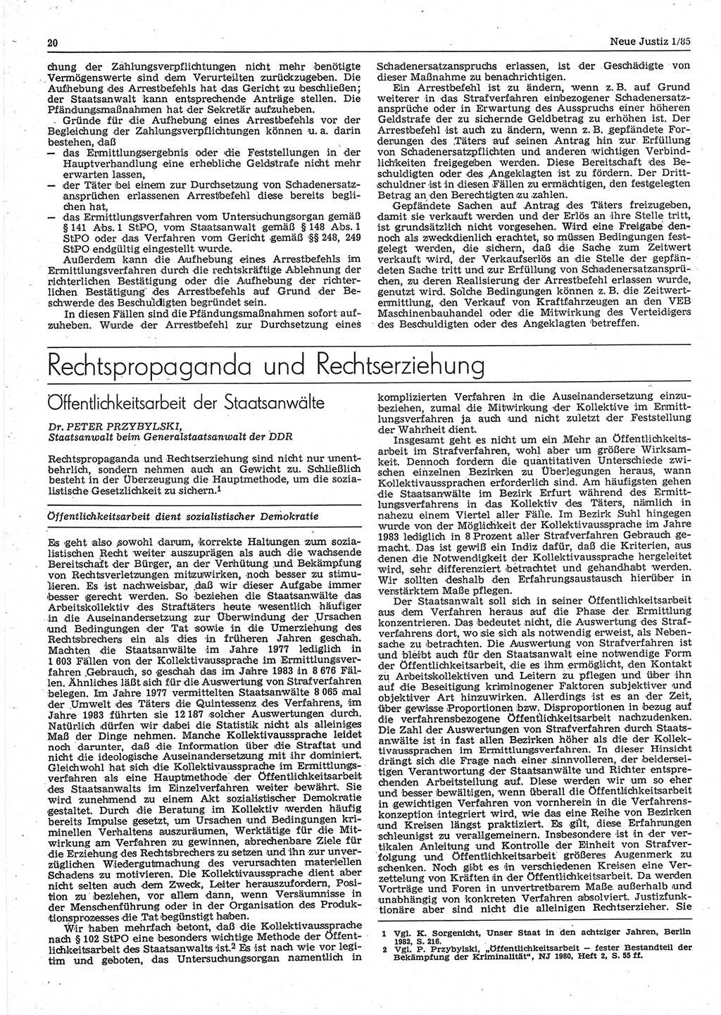 Neue Justiz (NJ), Zeitschrift für sozialistisches Recht und Gesetzlichkeit [Deutsche Demokratische Republik (DDR)], 39. Jahrgang 1985, Seite 20 (NJ DDR 1985, S. 20)