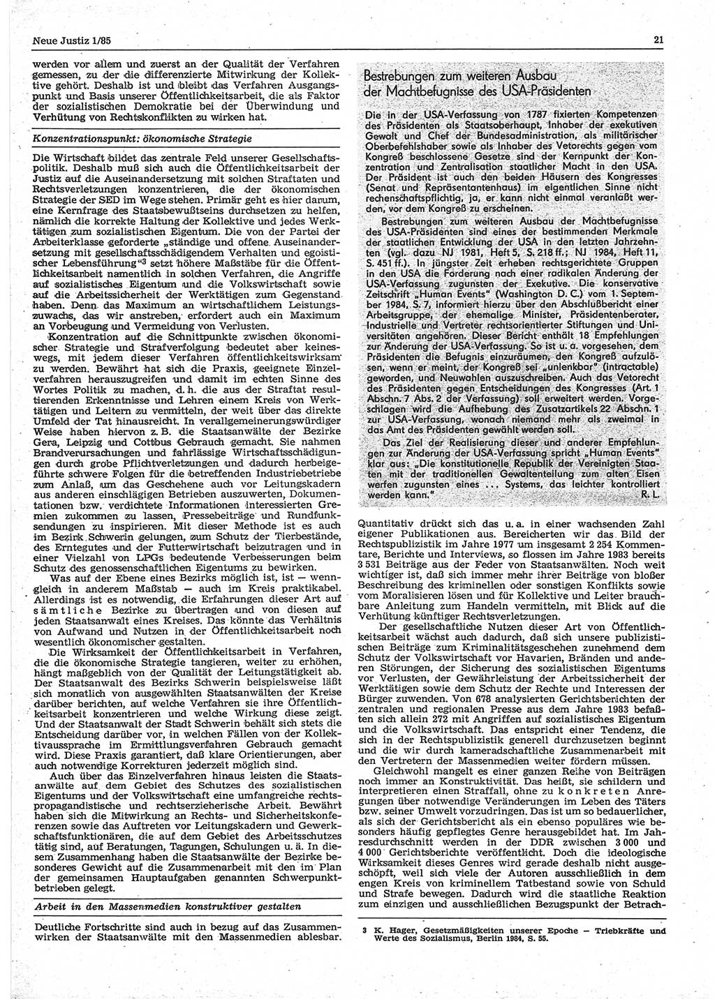 Neue Justiz (NJ), Zeitschrift für sozialistisches Recht und Gesetzlichkeit [Deutsche Demokratische Republik (DDR)], 39. Jahrgang 1985, Seite 21 (NJ DDR 1985, S. 21)