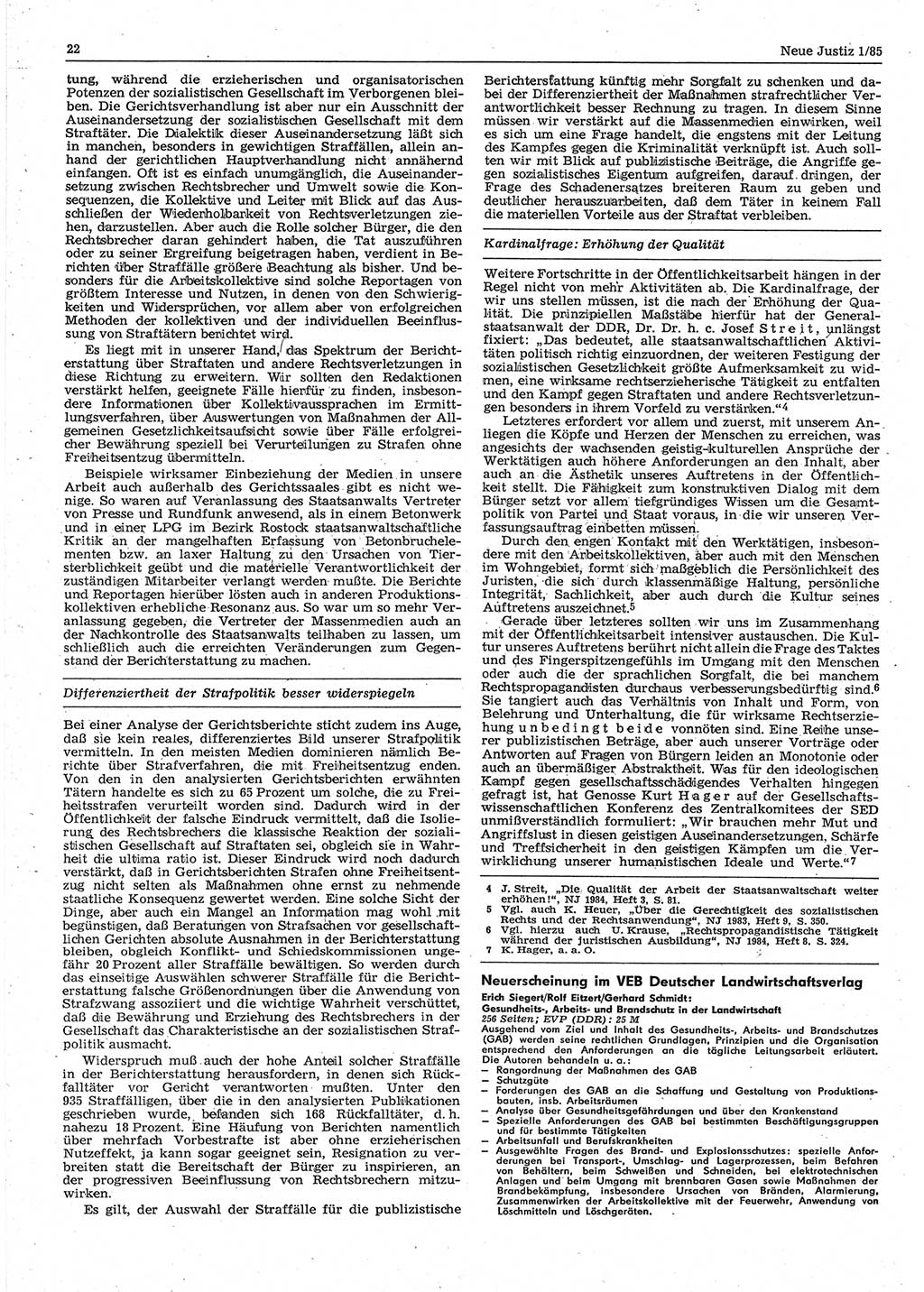 Neue Justiz (NJ), Zeitschrift für sozialistisches Recht und Gesetzlichkeit [Deutsche Demokratische Republik (DDR)], 39. Jahrgang 1985, Seite 22 (NJ DDR 1985, S. 22)