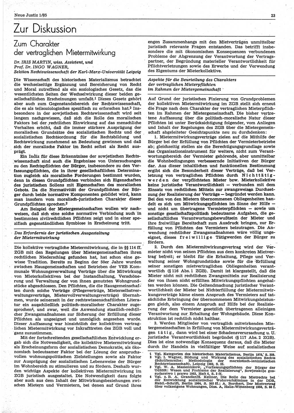 Neue Justiz (NJ), Zeitschrift für sozialistisches Recht und Gesetzlichkeit [Deutsche Demokratische Republik (DDR)], 39. Jahrgang 1985, Seite 23 (NJ DDR 1985, S. 23)