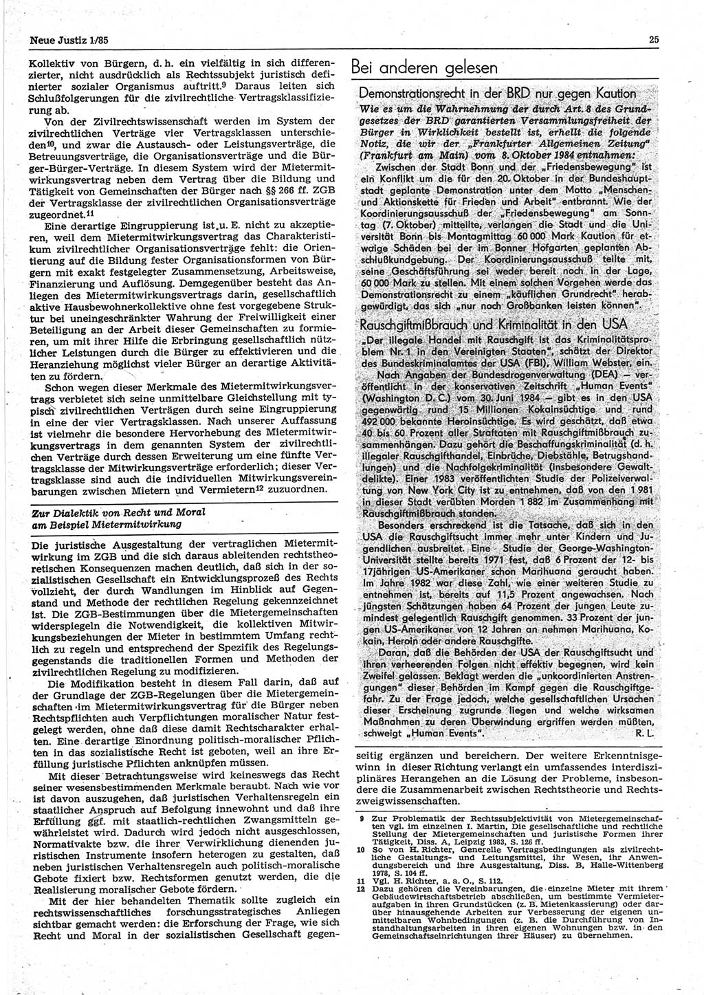 Neue Justiz (NJ), Zeitschrift für sozialistisches Recht und Gesetzlichkeit [Deutsche Demokratische Republik (DDR)], 39. Jahrgang 1985, Seite 25 (NJ DDR 1985, S. 25)