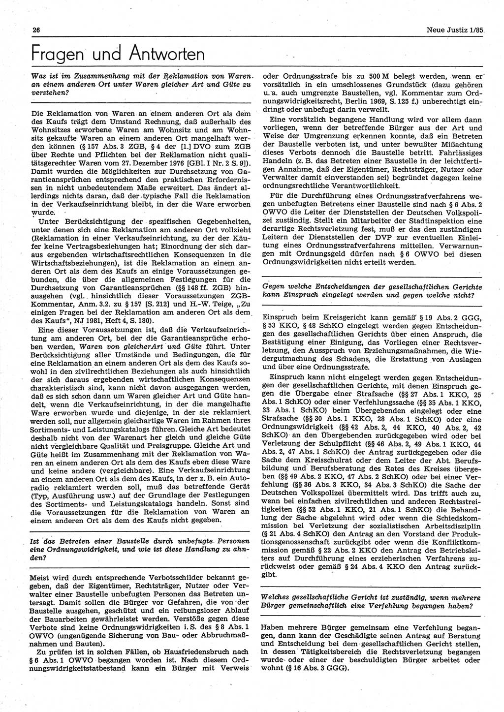 Neue Justiz (NJ), Zeitschrift für sozialistisches Recht und Gesetzlichkeit [Deutsche Demokratische Republik (DDR)], 39. Jahrgang 1985, Seite 26 (NJ DDR 1985, S. 26)