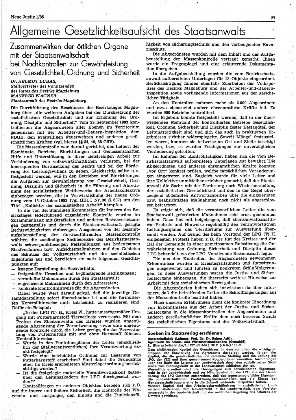Neue Justiz (NJ), Zeitschrift für sozialistisches Recht und Gesetzlichkeit [Deutsche Demokratische Republik (DDR)], 39. Jahrgang 1985, Seite 27 (NJ DDR 1985, S. 27)