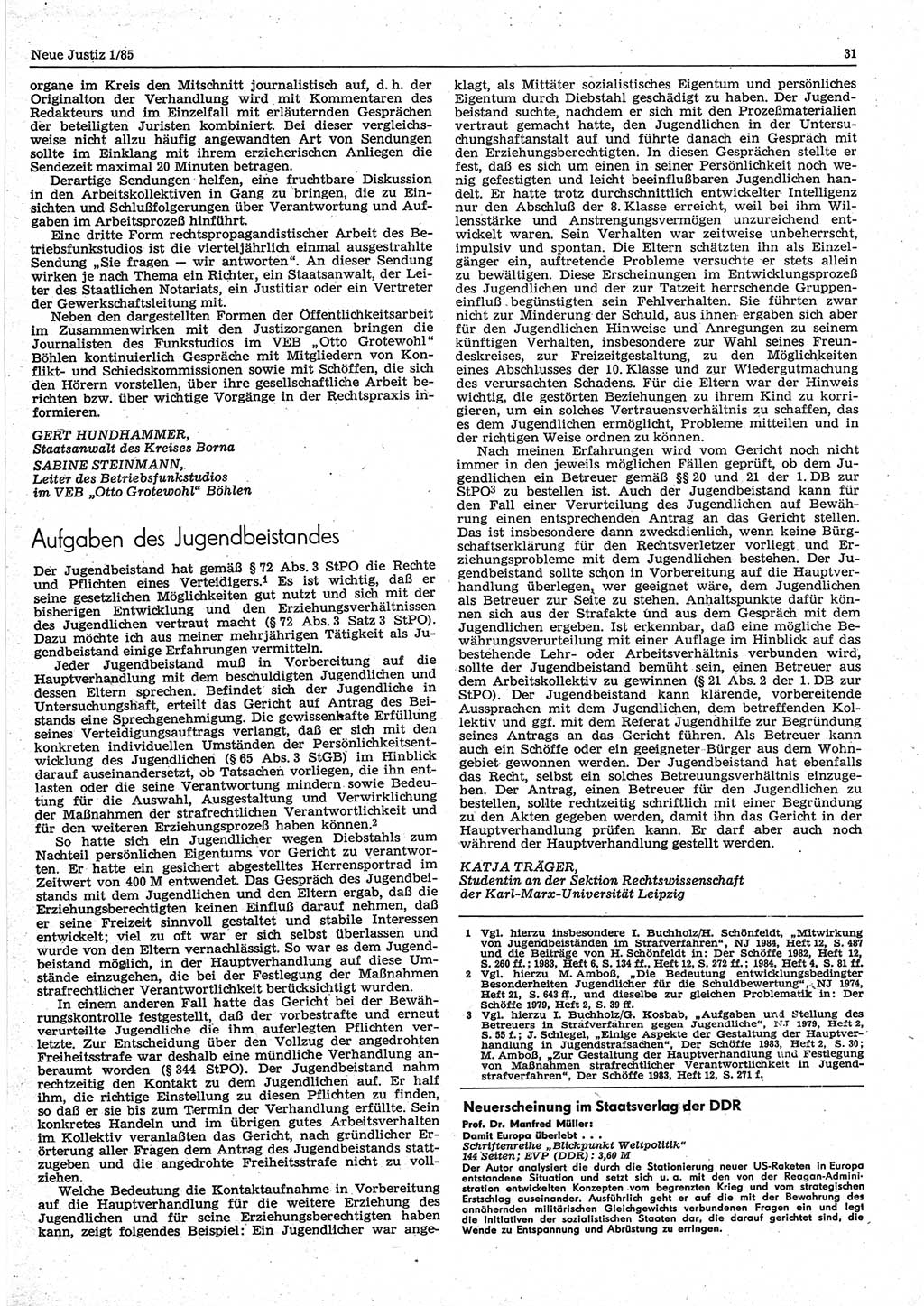 Neue Justiz (NJ), Zeitschrift für sozialistisches Recht und Gesetzlichkeit [Deutsche Demokratische Republik (DDR)], 39. Jahrgang 1985, Seite 31 (NJ DDR 1985, S. 31)