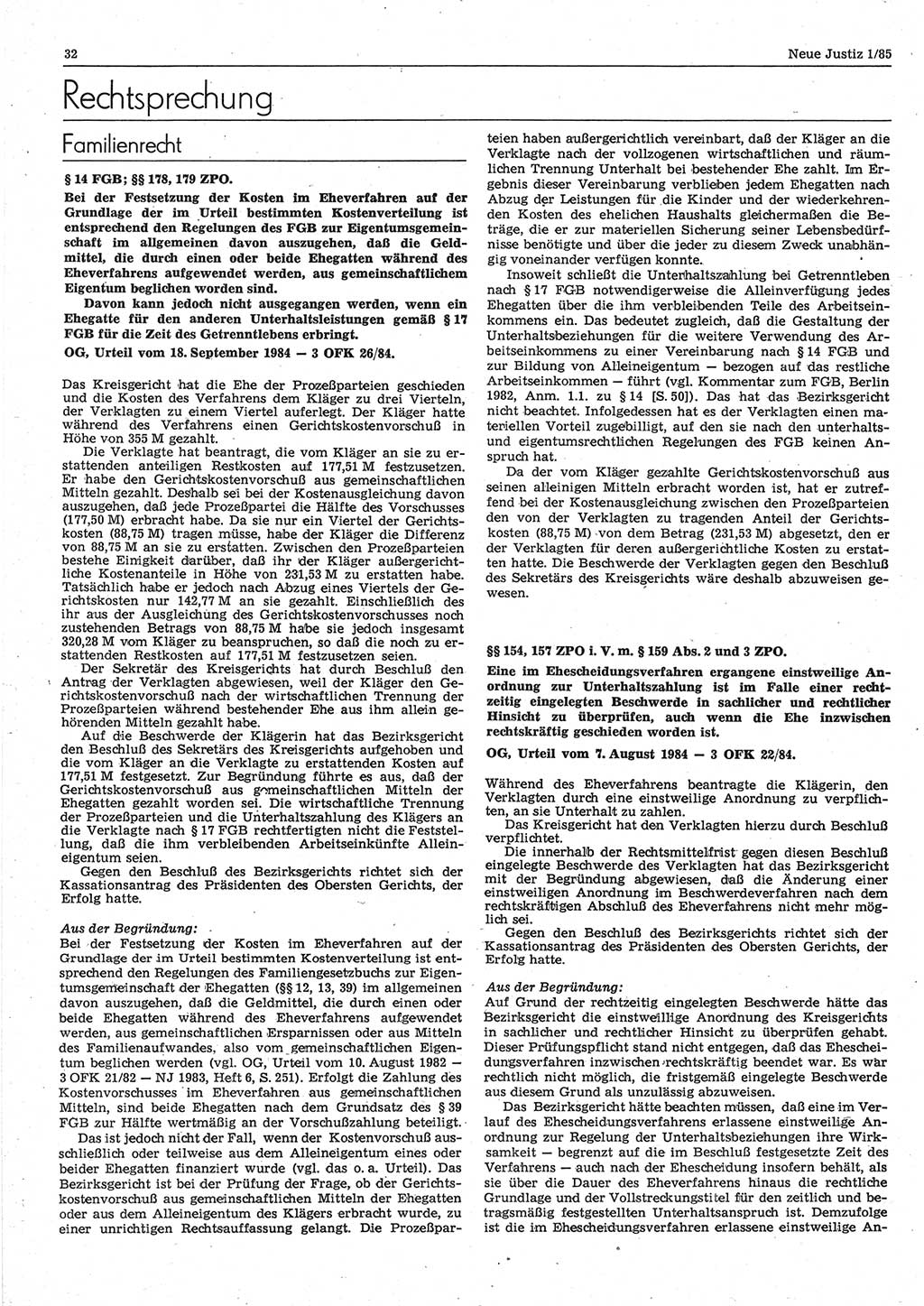 Neue Justiz (NJ), Zeitschrift für sozialistisches Recht und Gesetzlichkeit [Deutsche Demokratische Republik (DDR)], 39. Jahrgang 1985, Seite 32 (NJ DDR 1985, S. 32)
