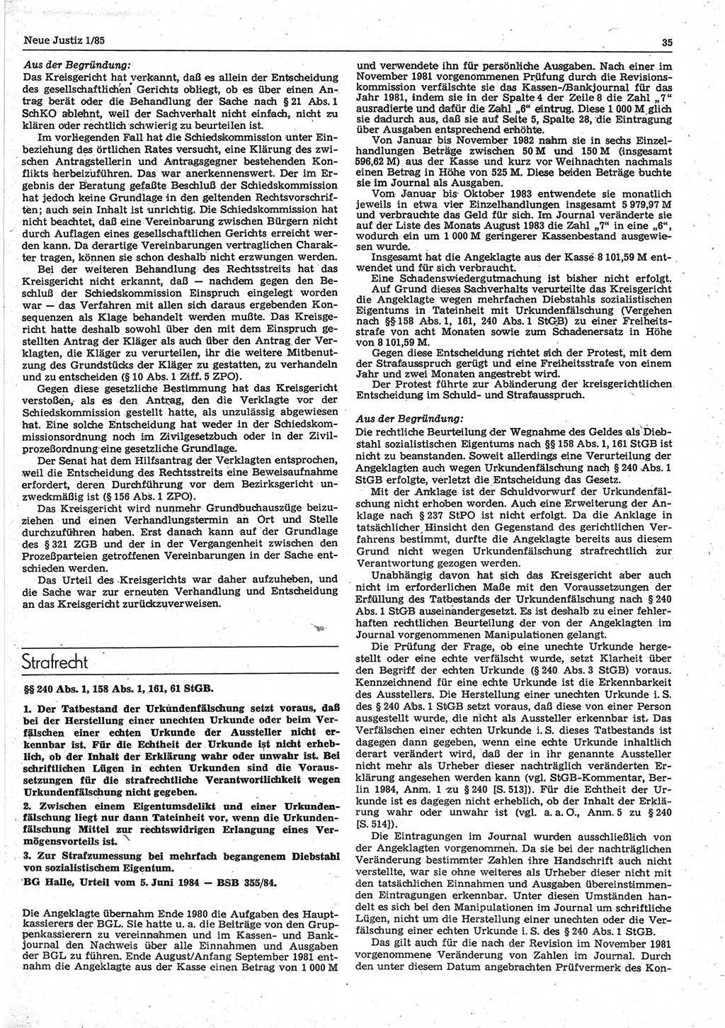 Neue Justiz (NJ), Zeitschrift für sozialistisches Recht und Gesetzlichkeit [Deutsche Demokratische Republik (DDR)], 39. Jahrgang 1985, Seite 35 (NJ DDR 1985, S. 35)