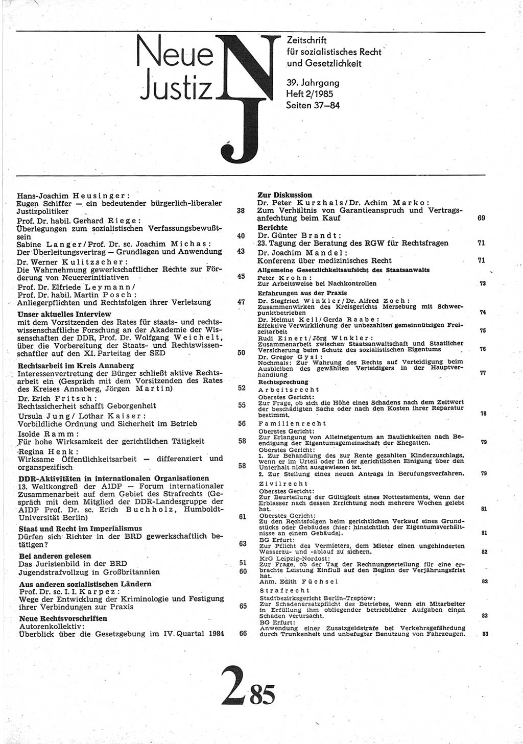 Neue Justiz (NJ), Zeitschrift für sozialistisches Recht und Gesetzlichkeit [Deutsche Demokratische Republik (DDR)], 39. Jahrgang 1985, Seite 37 (NJ DDR 1985, S. 37)